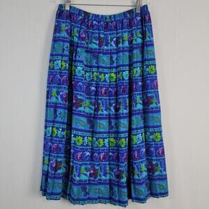 Vintage floral pull-on pleated midi skirt size 14 blue green purple, 80s, 90s